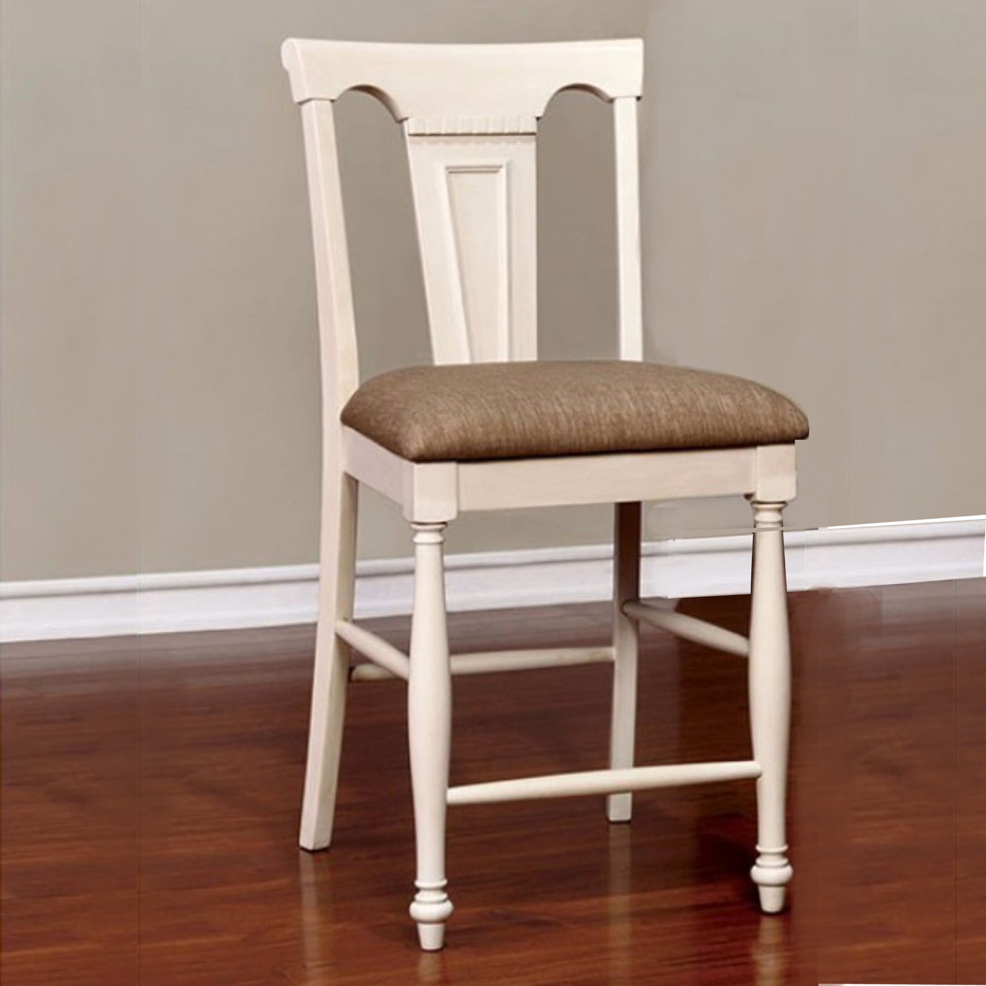 Sabrina Cottage Counter Height Chair Withfabric Cushion, Tan & White, Set Of 2 White Wood Fabric