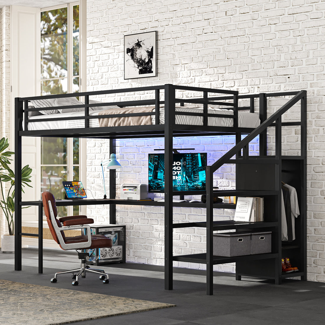 Full Size Loft Bed With L Shaped Desk And Usb, Metal Loft Bed With Wardrobe And Adjustable Shelf, High Loft Bed With Led For Kids Teens Adults, Black Full Black Metal