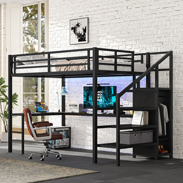 Full Size Loft Bed With L Shaped Desk And Usb, Metal Loft Bed With Wardrobe And Adjustable Shelf, High Loft Bed With Led For Kids Teens Adults, Black Full Black Metal