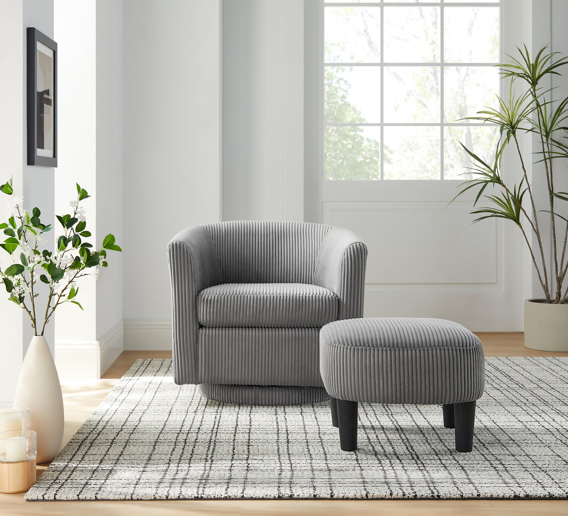 Swivel Accent Chair 360 Comfy Recliner Corduroy Arm Chair Single Sofa With Ottoman For Living Room Bedroom,Grey Grey Fabric
