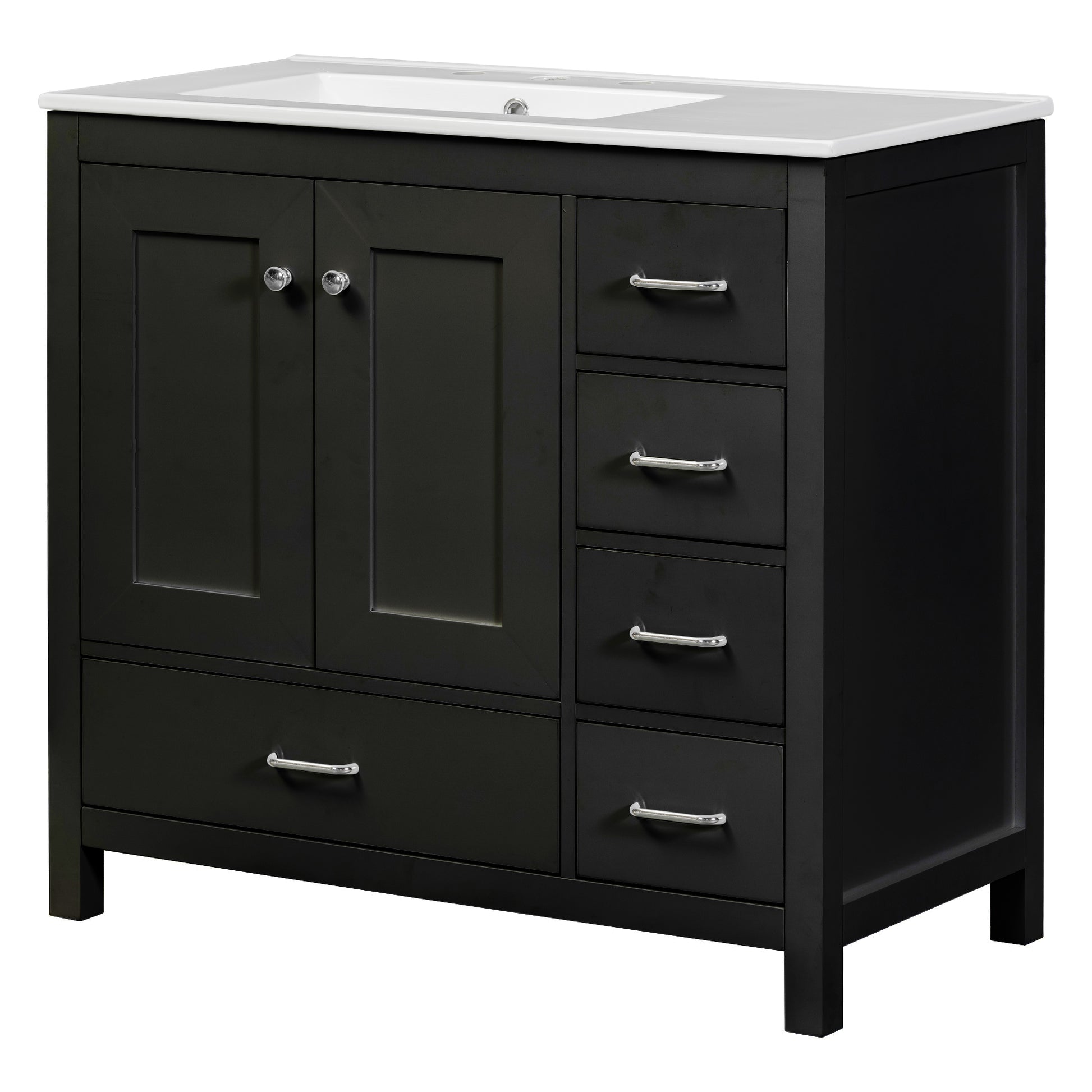 36" Black Bathroom Vanity With Ceramic Sink Combo, Abundant Storage Cabinet 2 Soft Close Doors And 5 Drawers Black Bathroom Solid Wood Mdf