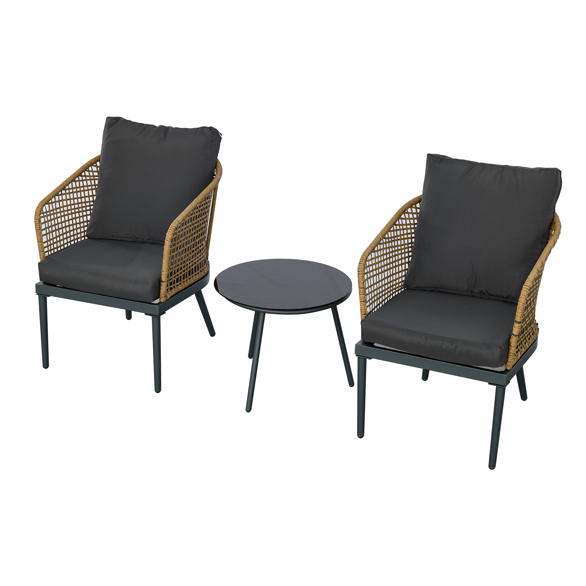 Outdoor Wicker Chairs And Table Bistro Conversation Furniture Set, 3 Pieces For Porch, Balcony, Deck, Patio, Backyard, Natural Color Gray Aluminum
