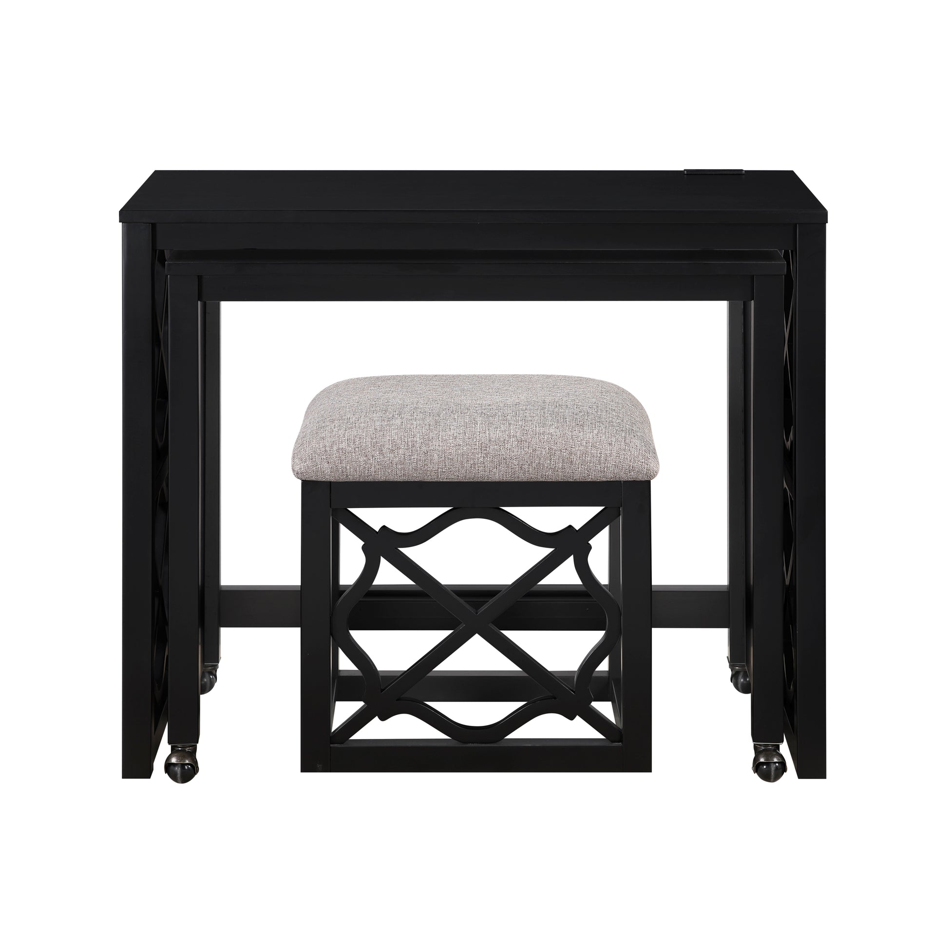 Desks And Stool Set 3Pc Black Finish Rolling Desk With Casters, 2 Charging Ports Home Office Furniture Black Primary Living Space Contemporary Desk Rectangular Wood