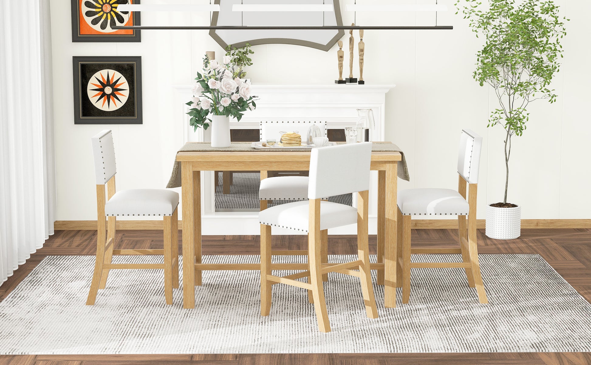 5 Piece Counter Height Dining Set, Classic Elegant Table And 4 Chairs In Natural Wood Wash Natural Wood Wash Solid Wood
