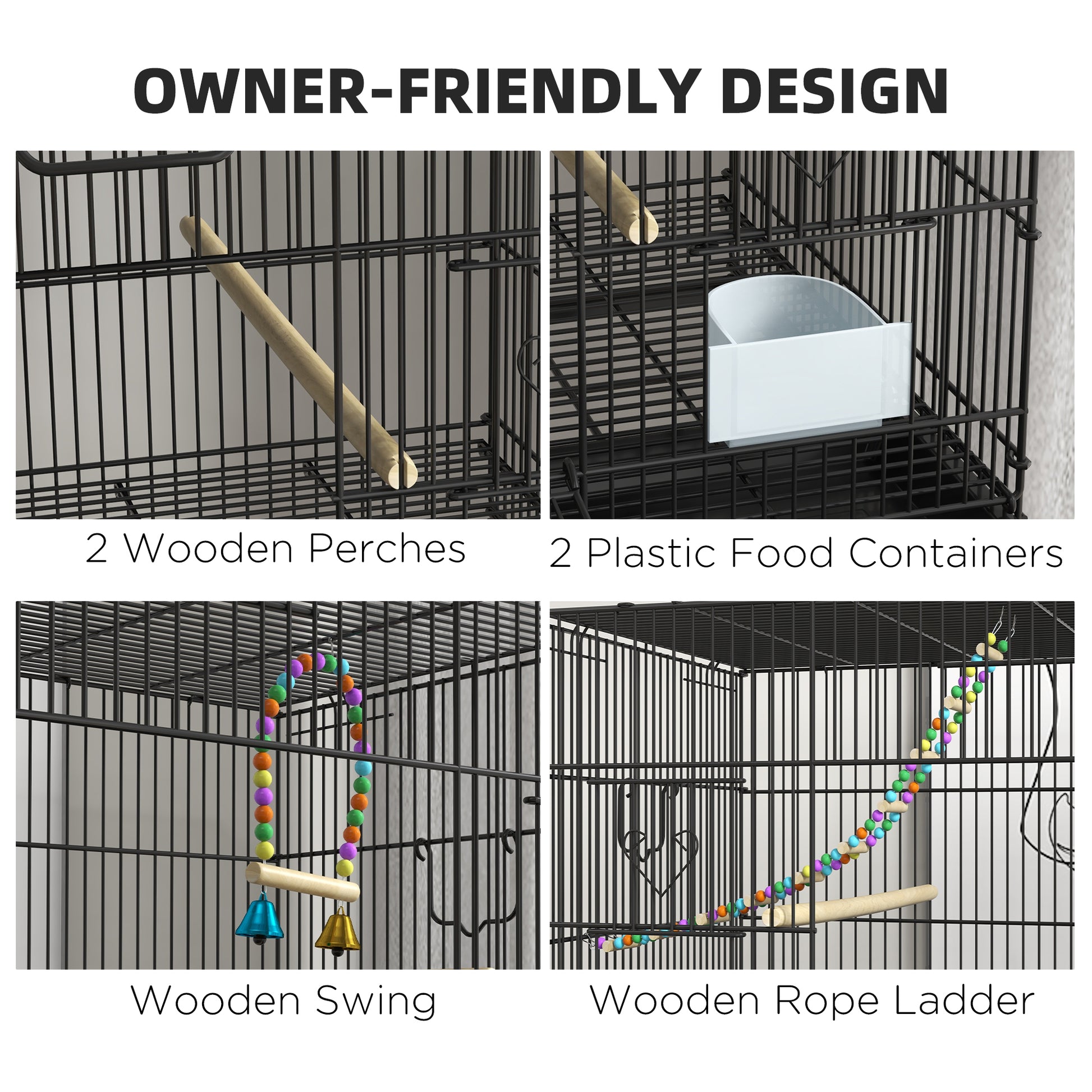 Pawhut Double Stackable Bird Cage With Stand, Wooden Swing, Rope Ladder & Wheels For Canaries, Lovebirds Finches, Budgie Cage With Storage Shelf, Removable Tray, Wooden Perches & Food Containers Black Steel