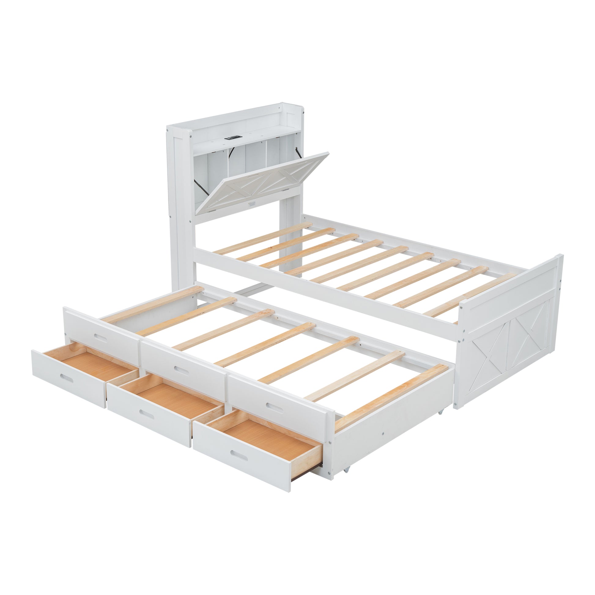 Twin Size Wooden Bed With Storage Headboard With Outlets, Extendable Bed With Twin Size Trundle With Three Storage Drawers,White Twin White Wood