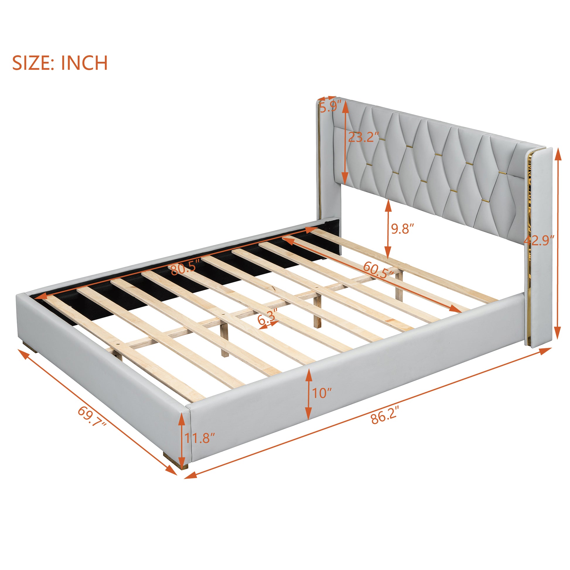Queen Size Upholstered Platform Bed With Metal Strips, Off White Queen Off White Pu