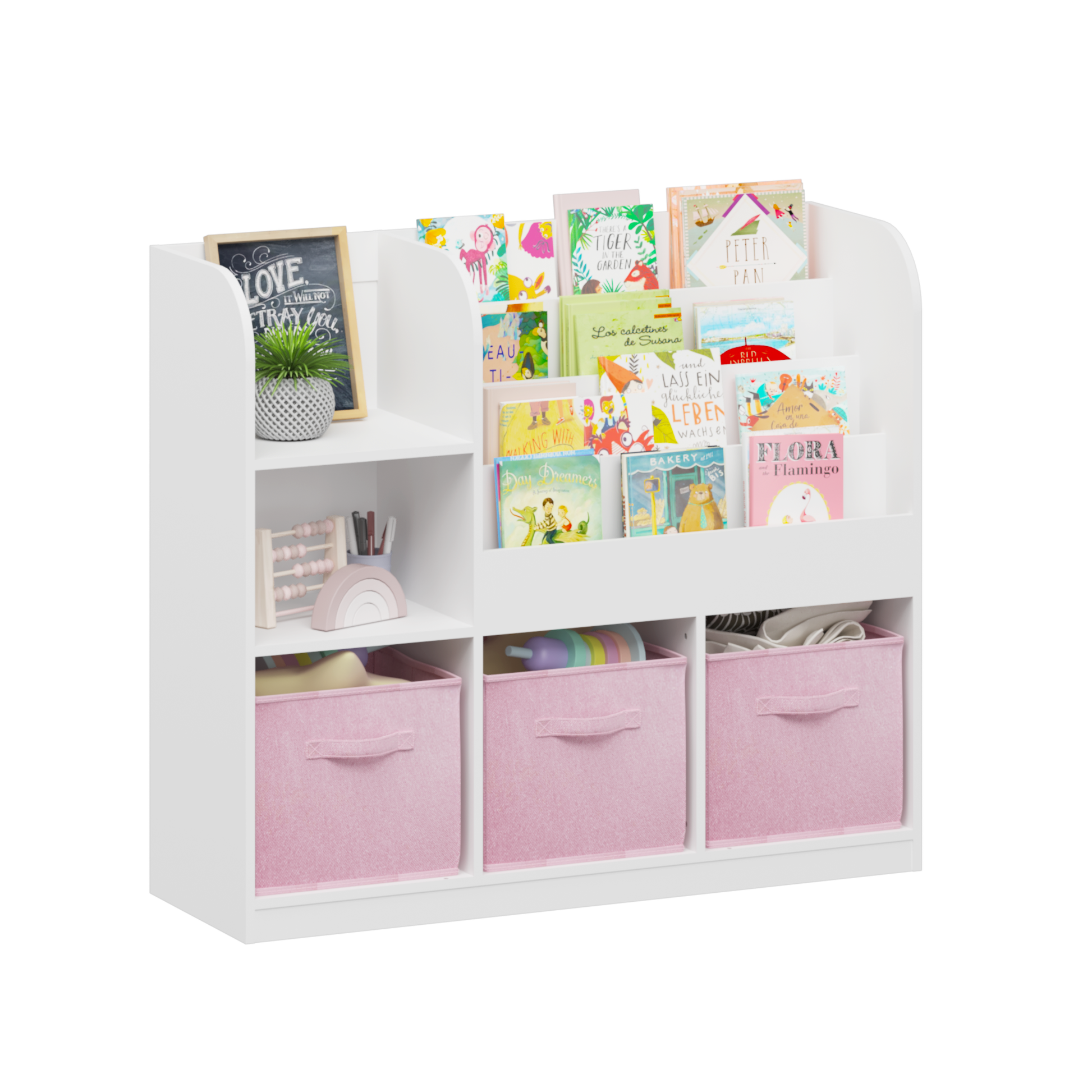 Kids Bookcase And Bookshelf, Multifunctional Bookcase With 3 Collapsible Fabric Drawers, Bookcase Display Stand, Toy Storage Organizer For Bedroom, Playroom, Hallway White Pink White Pink Fabric,Mdf