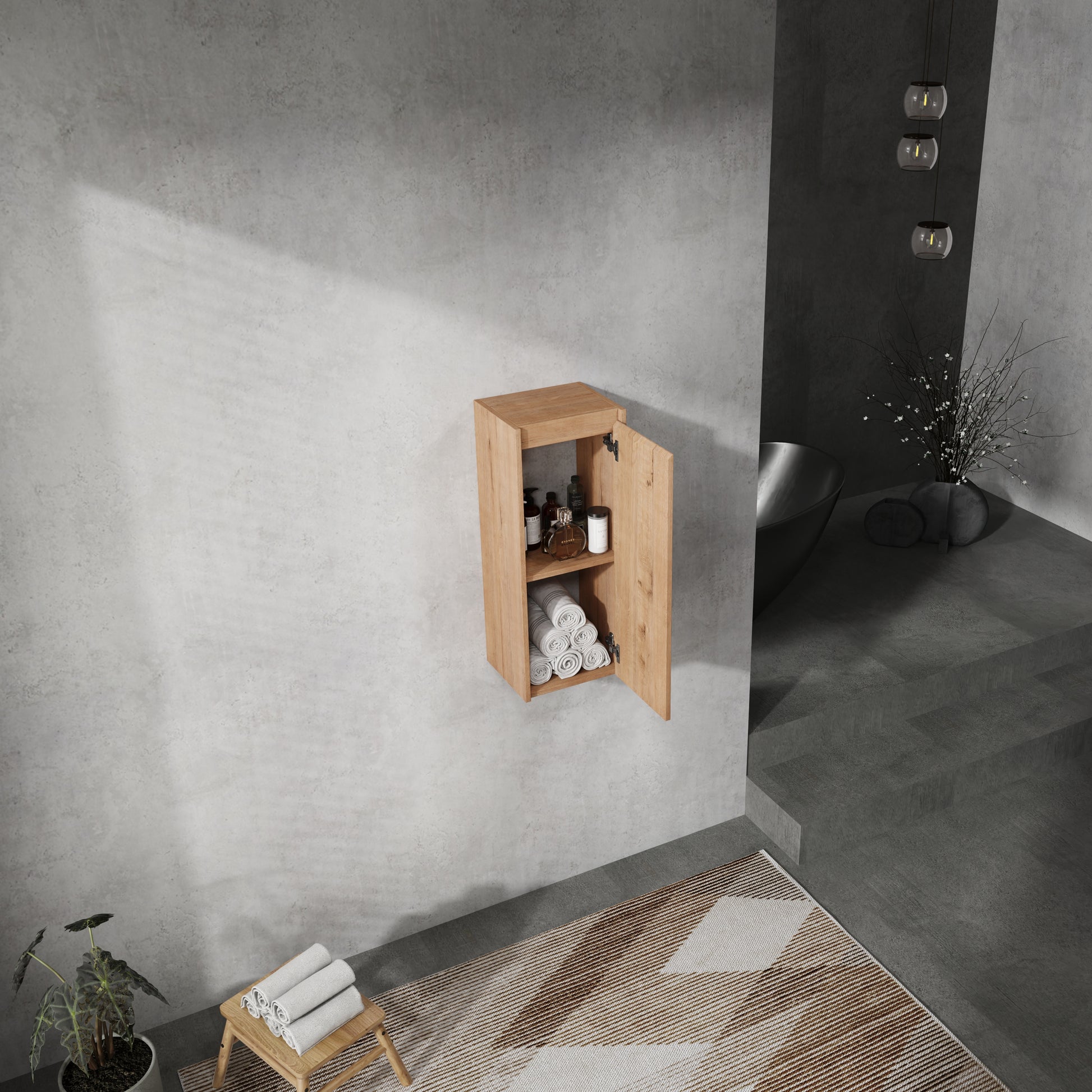 12" Bathroom Side Cabinet,Soft Close Doors,Float Mounting Design, Kd Packing Imitative Oak 1 Bathroom Wall Mounted Modern Plywood Plywood