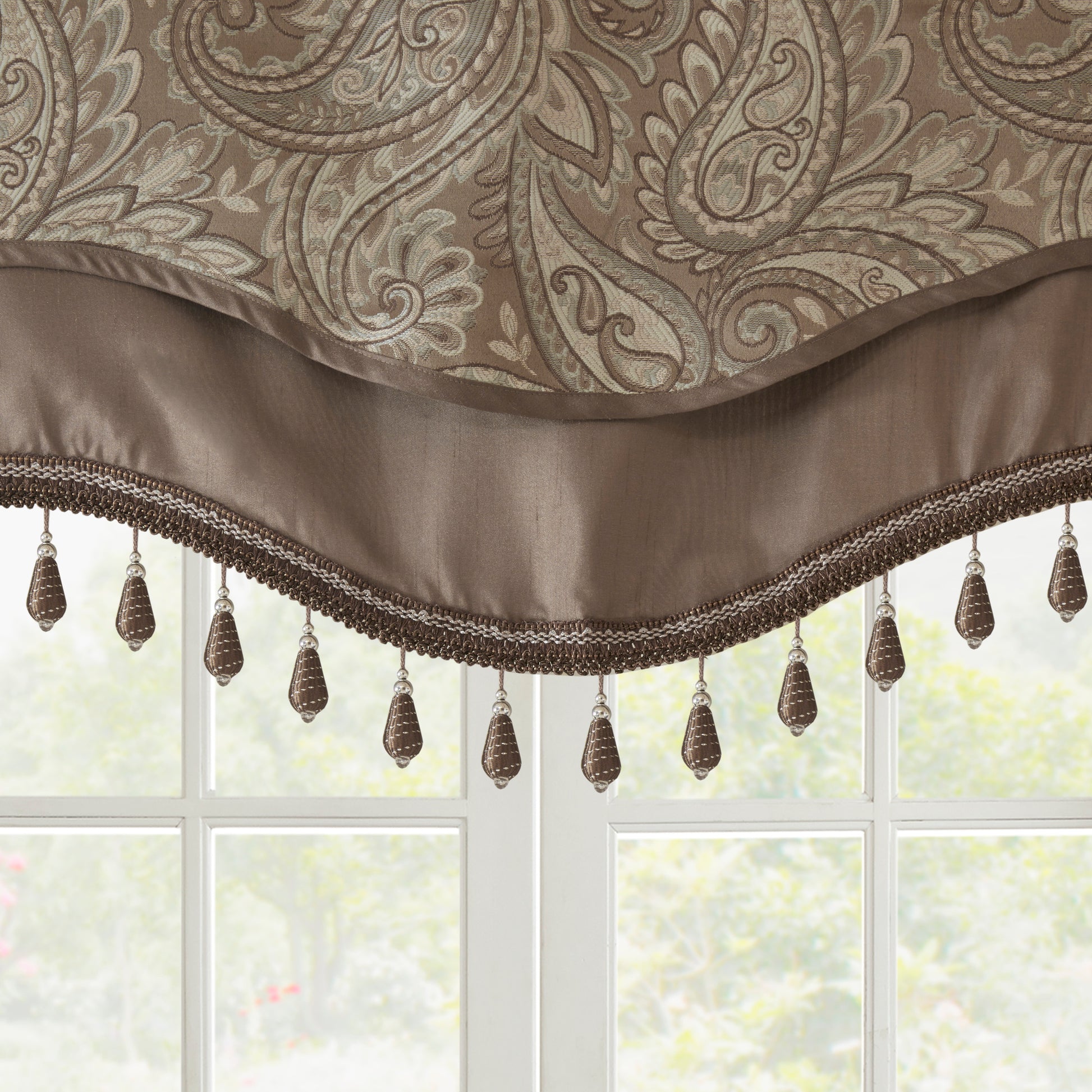 Jacquard Window Rod Pocket Valance With Beads Blue Brown 50X18" Blue Brown Polyester