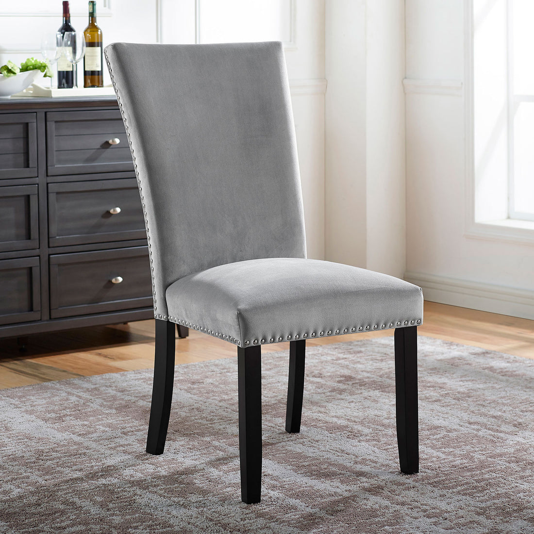 Attractive Set Of 2Pc Side Chairs Dining Room Furniture Gray Flannelette Seat Trim Kitchen Breakfast Black,Light Gray Dining Room Modern,Transitional Dining Chairs Rubberwood Solid Back Set Of 2