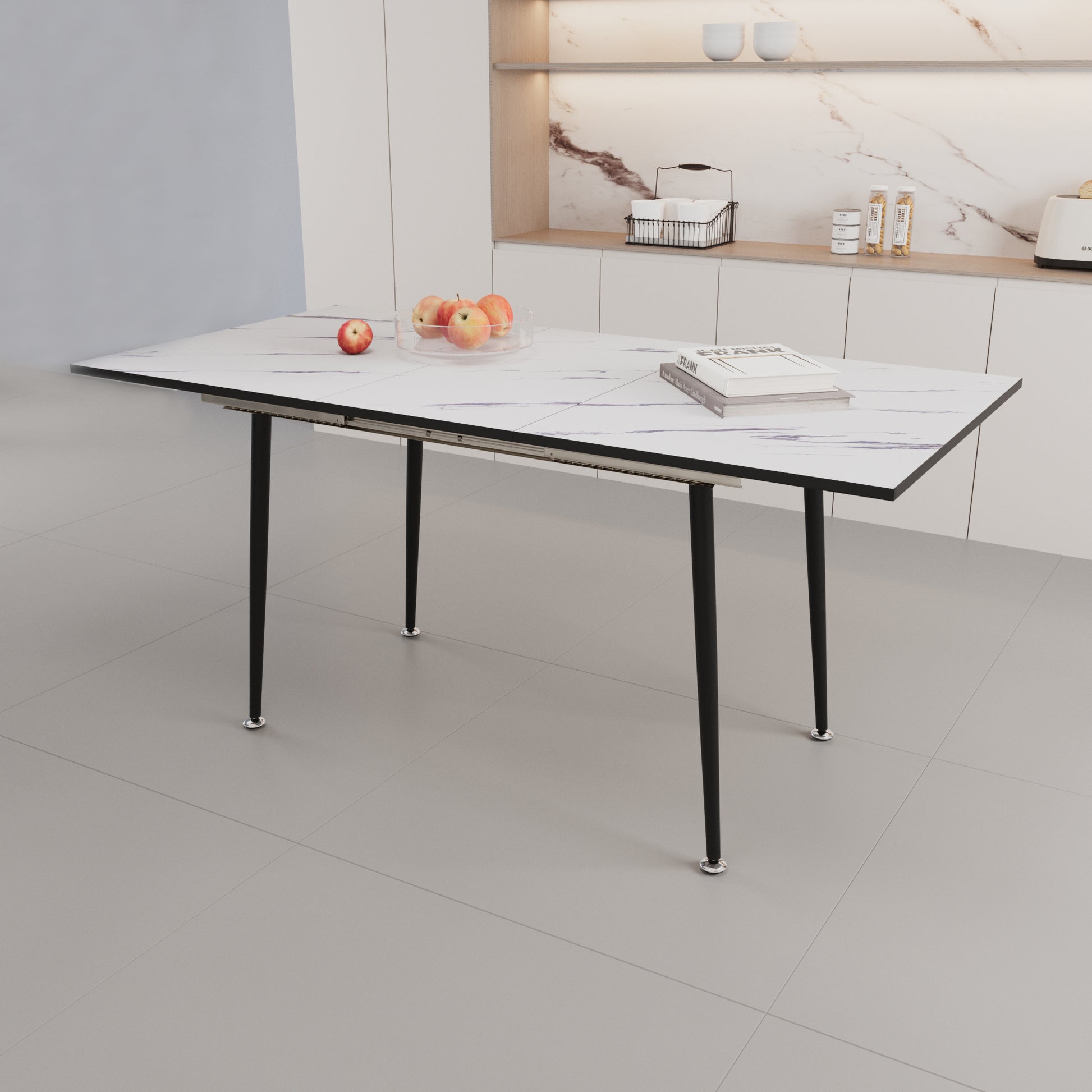 Scalable Mdf Modern Dining Table And Chair Set, Suitable For 2 6 People, White Dining Table And Modern Brown Round Dining Chair 4 Piece Set, Medieval Dining Table Set, Metal Base And Suede Chair Brown White Mdf