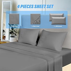 Queen Size 4 Piece Sheet, Lightweight Super Soft Easy Care Microfiber Comfycooling Bedding Sheets With Deep Pocket, Shrinkage And Fade Resistant, Hotel Luxury, Grey Grey Microfiber