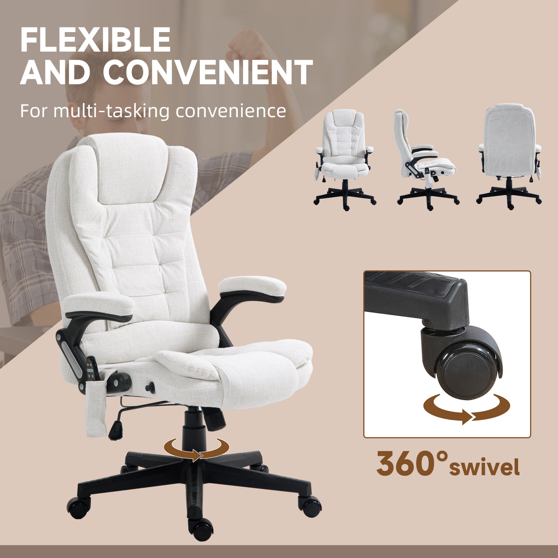 Homcom 6 Point Vibrating Massage Office Chair With Heat, Linen High Back Executive Office Chair With Reclining Backrest, Padded Armrests And Remote, Cream White Cream White Polyester