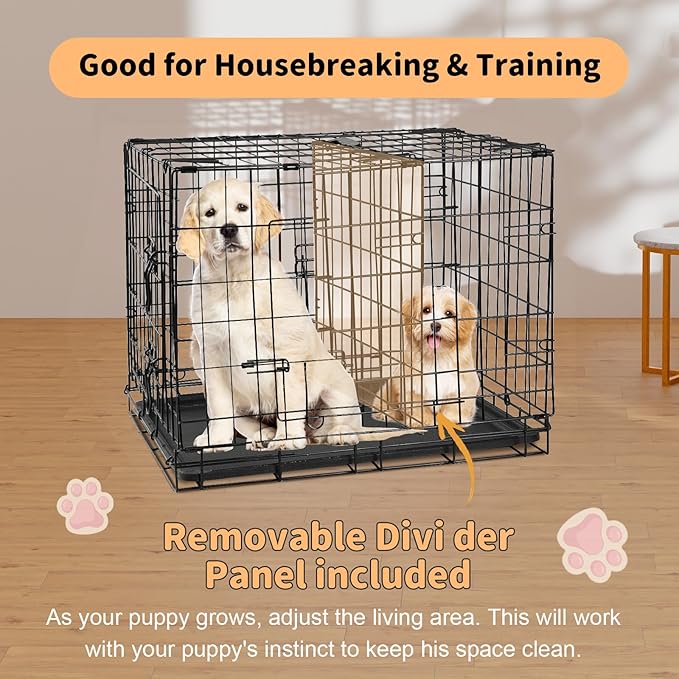Folding Metal Wire Dog Crate, 30 Inch Durable, Foldable, Collapsible Double Door Dog Crate With Removable Leak Proof Pan, Portable Dogs Crate With Divider, Black Black Iron