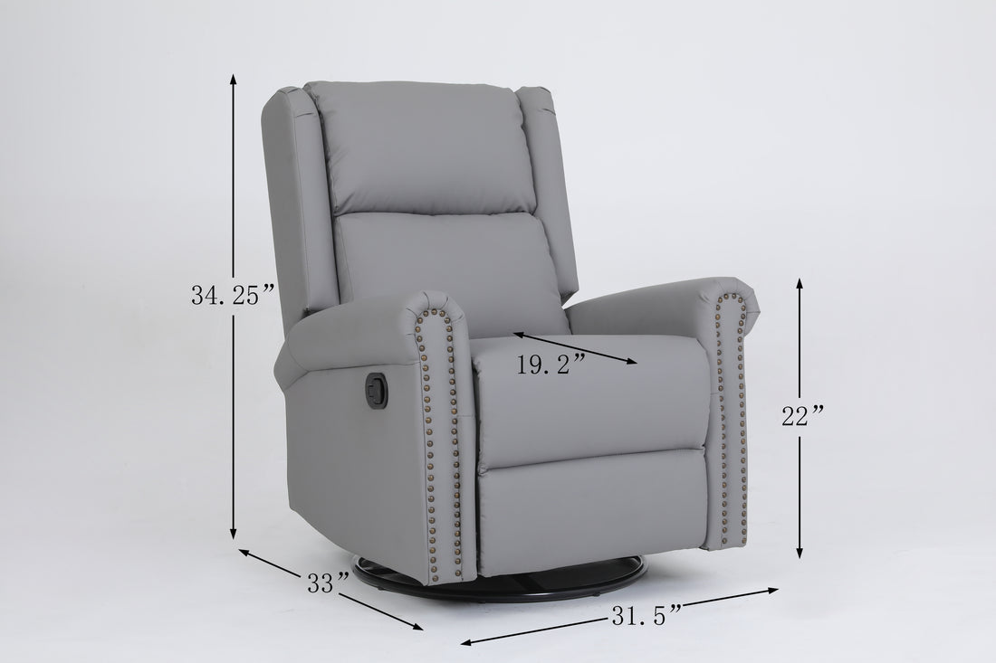 360 Degree Swivel Upholstered Manual Recliner With Trims For Living Room, Grey Gray Wood Primary Living Space Soft Handle Pu