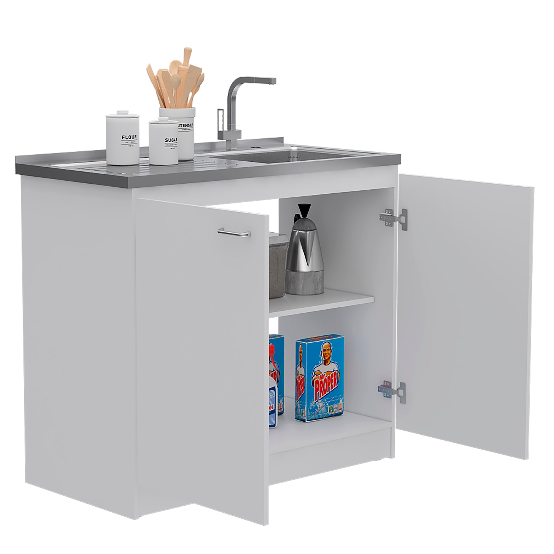 Oklahoma Utility Sink, Double Door Cabinet, Stainless Steel Countertop White Kitchen Modern Melamine Particle Board