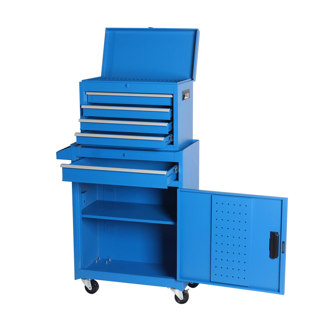 Tool Chest, 5 Drawer Rolling Tool Storage Cabinet With Detachable Top Tool Box, Liner, Universal Lockable Wheels, Adjustable Shelf, Locking Mechanism, Metal Tool Cart For Garage Workshop Blue Steel
