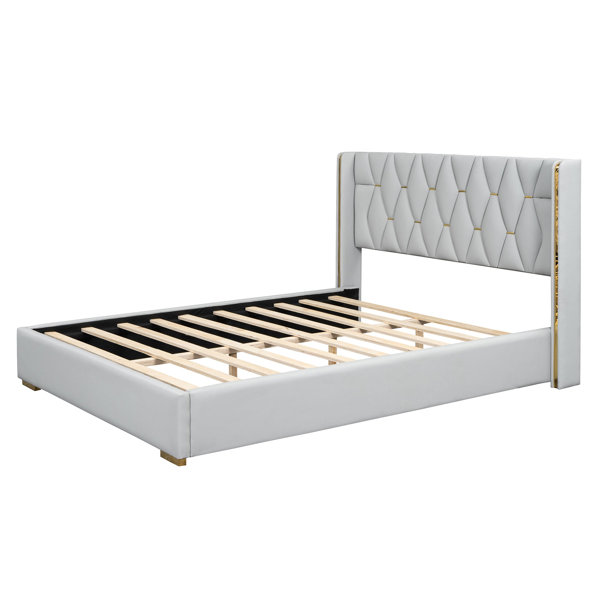 Queen Size Upholstered Platform Bed With Metal Strips, Off White Queen Off White Pu