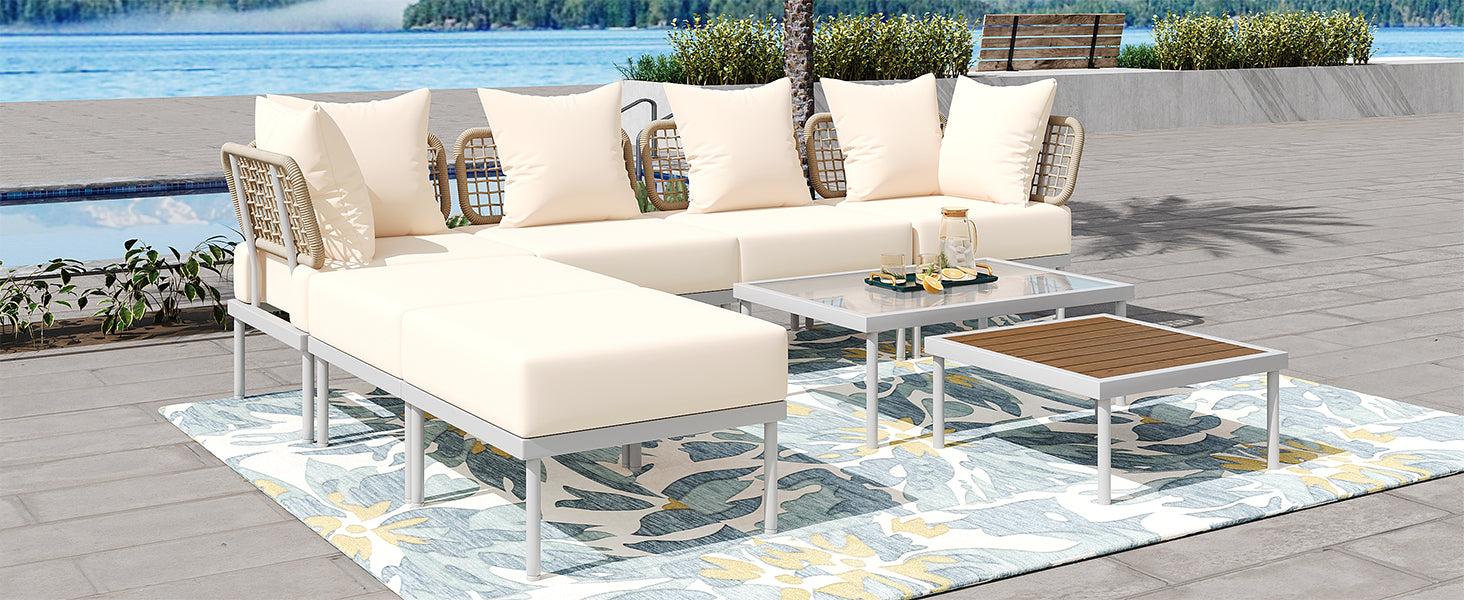 8 Piece Patio Sectional Sofa Set With Tempered Glass Coffee Table And Wooden Coffee Table For Outdoor Oasis, Garden, Patio And Poolside Beige Cushion White Steel Beige Iron
