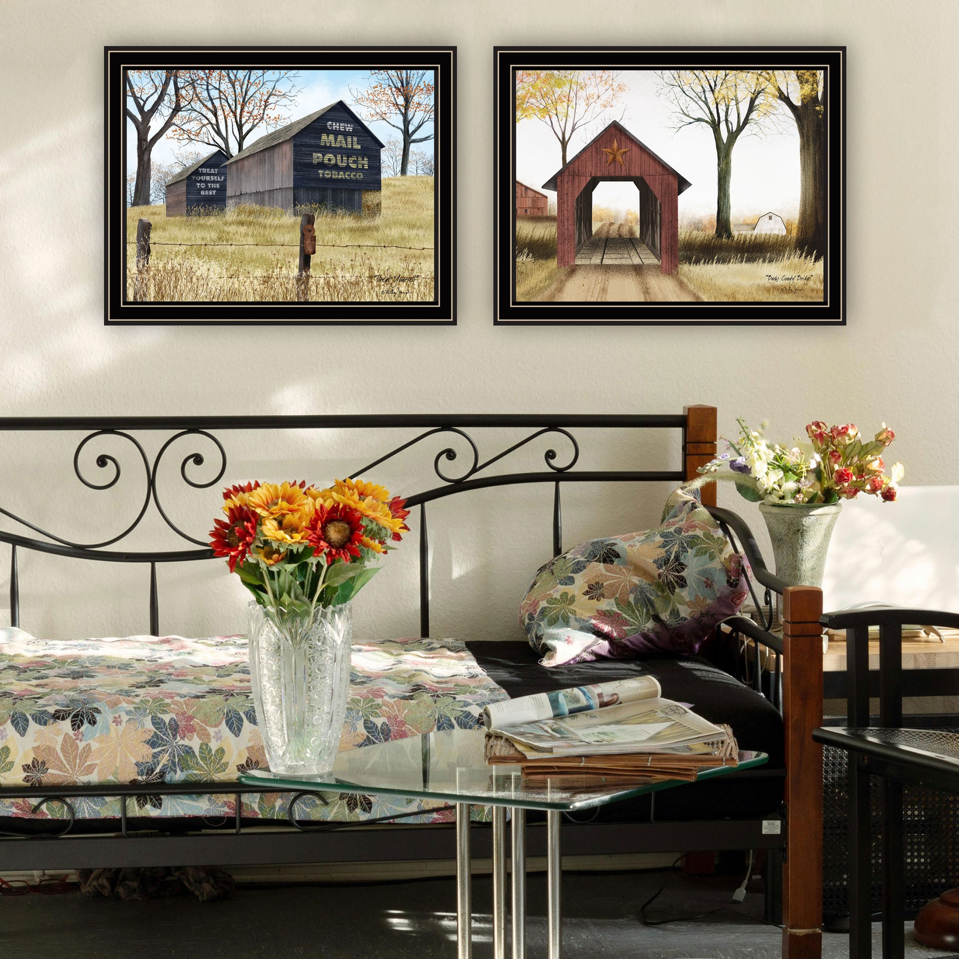 2 Piece Vignette Mail Pouch Barn & Buck County Bridge Black Framed Wall Art For Living Room, Bedroom Wall Art Print For Home Decor By Billy Jacobs Multicolor Wood Paper