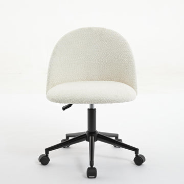 White Boucle Office Chair Desk Chair, Mid Back Adjustable Swivel Computer Chair With Black Legsmodern Upholstered Desk Chair With Wheels White Black Foam Polyester Blend