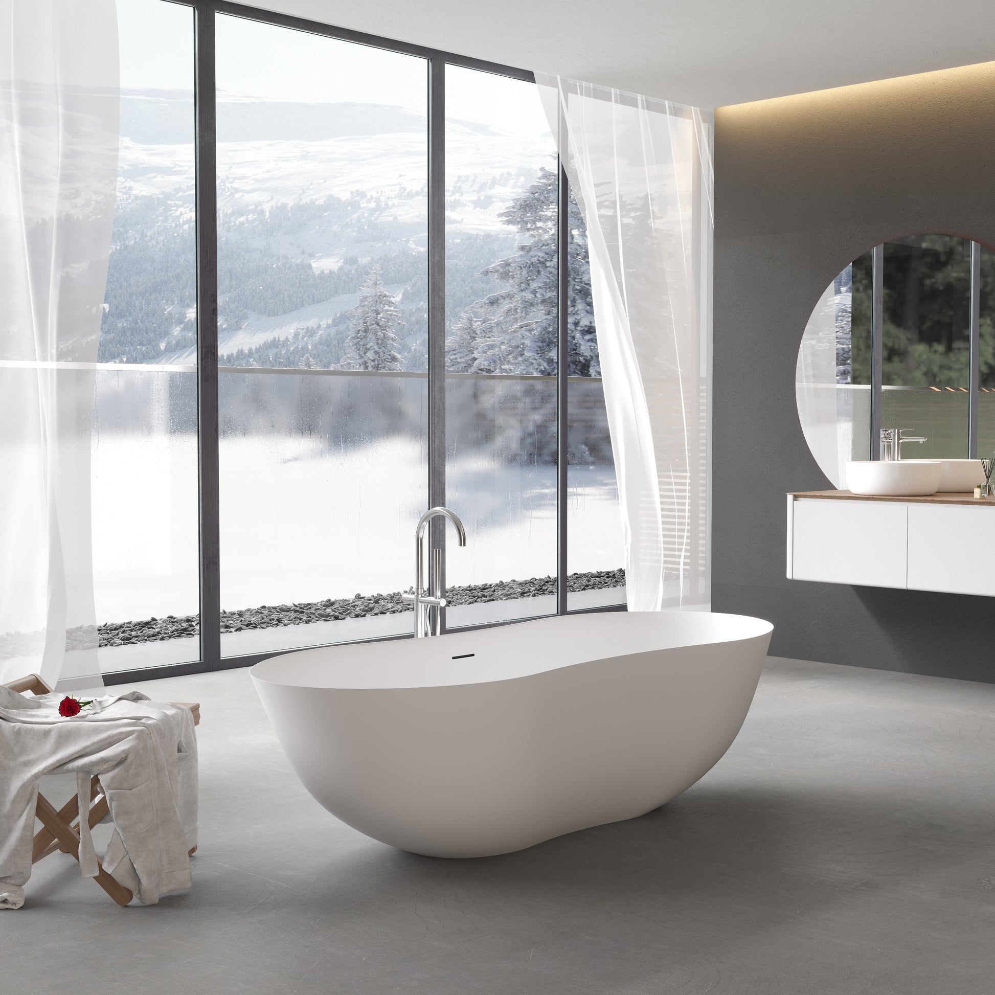 67" Freestanding Solid Surface Bathtub, Stone Resin Freestanding Bath Tub With Overflow And Pop Up Drain, Matte White 24S10 67Mw Matte White Bathroom Freestanding Tubs Solid Surface