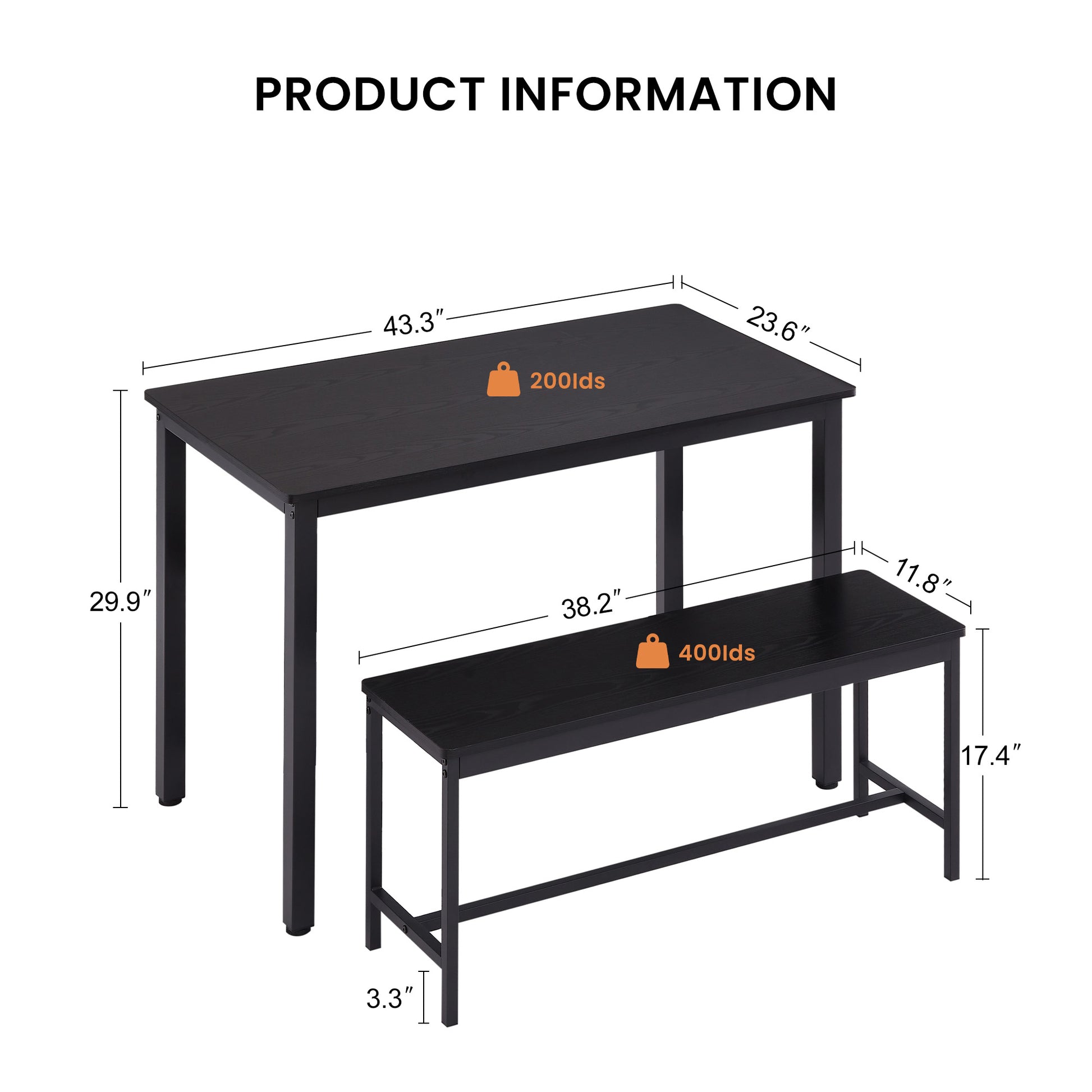 Dining Table Set, Bar Table With 2 Dining Benches, Kitchen Table Counter With Chairs, Industrial For Kitchen Breakfast Table, Living Room, Party Room, Black43.3 L X23.6 W X 29.9 H Black Particle Board