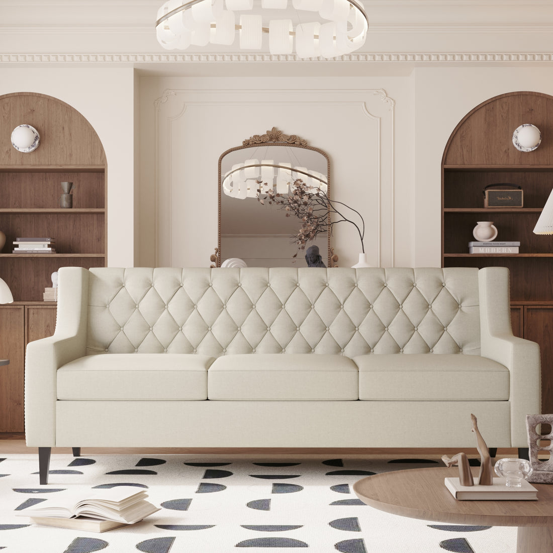 78.75'' 3 Seater Sofa, Button Tufted Backrest With Comfy Cushion, Mid Century Modern Couches For Living Room, Upholstered Comfy Sofa Couch For Bedroom, Apartment Beige Polyester 3 Seat