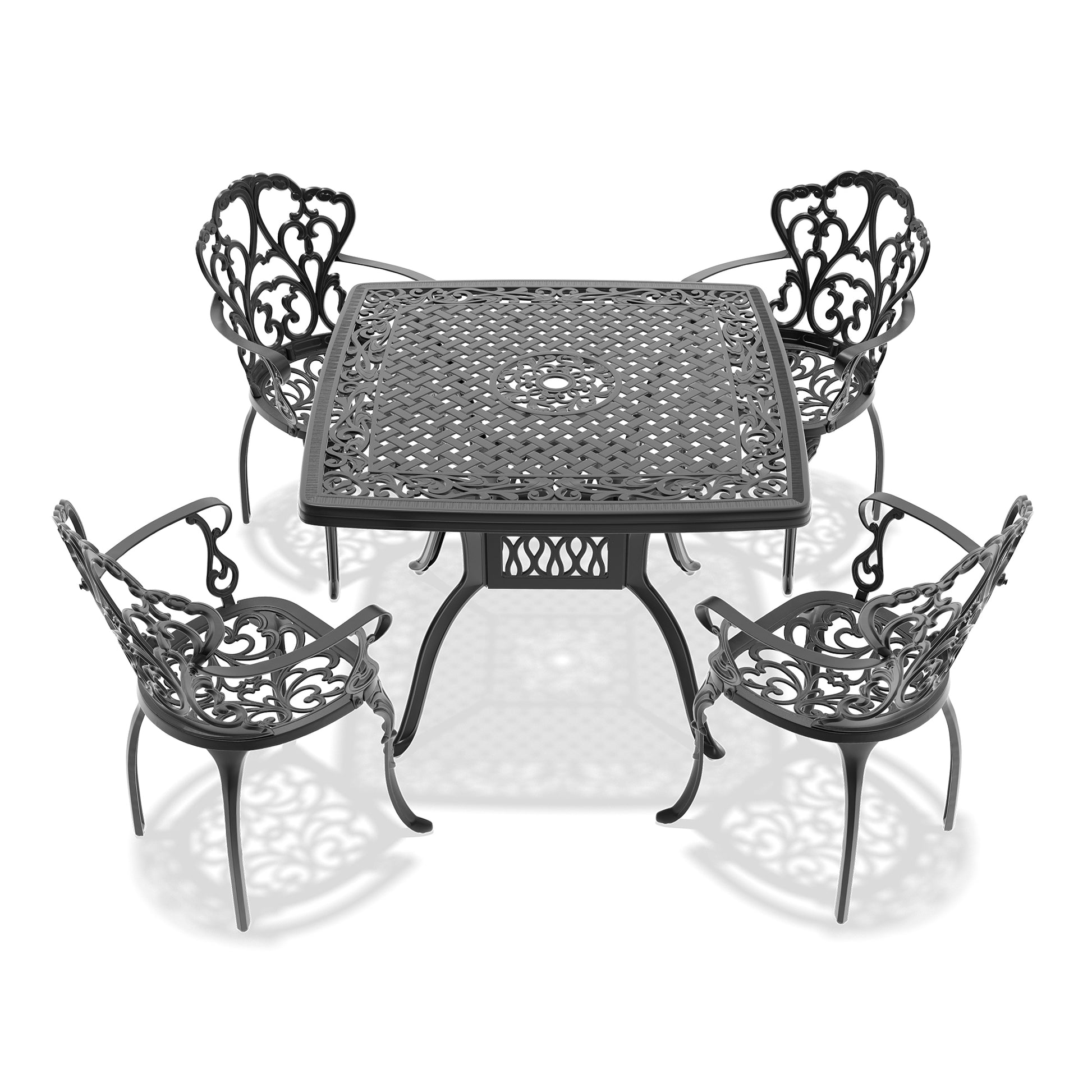 Cushions In Random Colors 5 Piece Set Of Cast Aluminum Patio Furniture With Cushions Yes Dining Set Black Seats 4 Rust Resistant Frame Water Resistant Cushion Garden & Outdoor Complete Patio Sets Aluminium