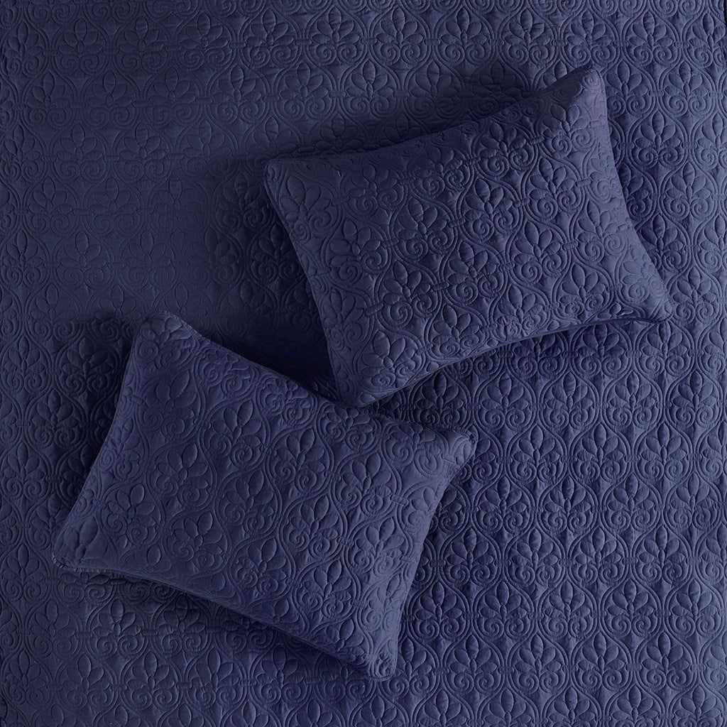3 Piece Split Corner Pleated Quilted Bedspread Navy Queen Navy Polyester