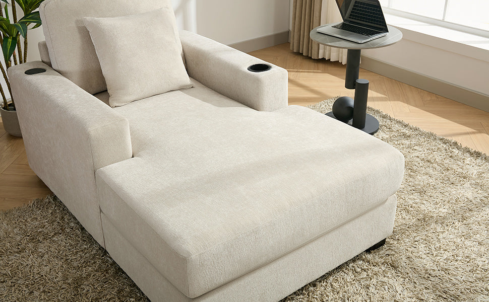 39.7" Oversized Chaise Lounger Modern Style Sofa Couch ,With Pillows, Charge Station & Cup Holders, Chenille Fabric, Cream Cream Chenille