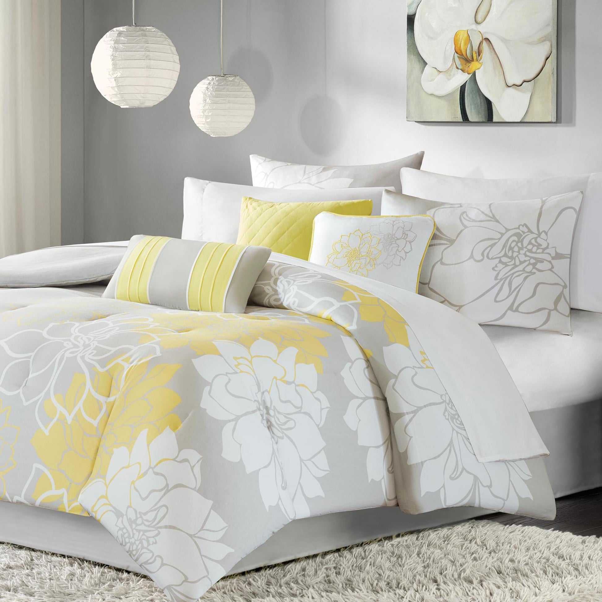 Printed Cotton Sateen Comforter Set Taupe Grey Yellow King King Yellow Grey Polyester