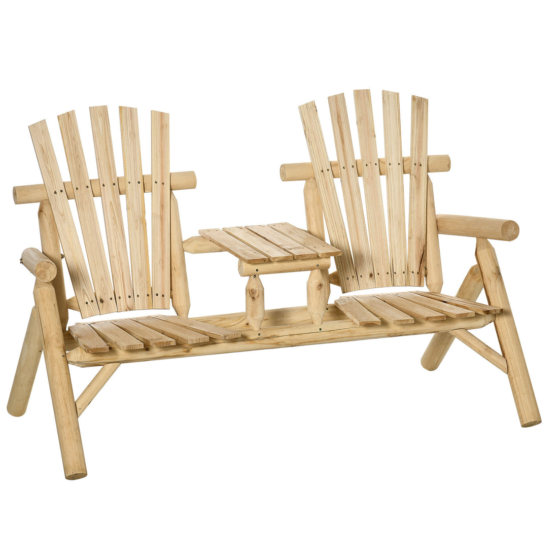 Outsunny 2 Seat Wooden Adirondack Chair, Patio Bench With Table, Outdoor Loveseat Fire Pit Chair For Porch, Backyard, Deck, Natural Natural Wood