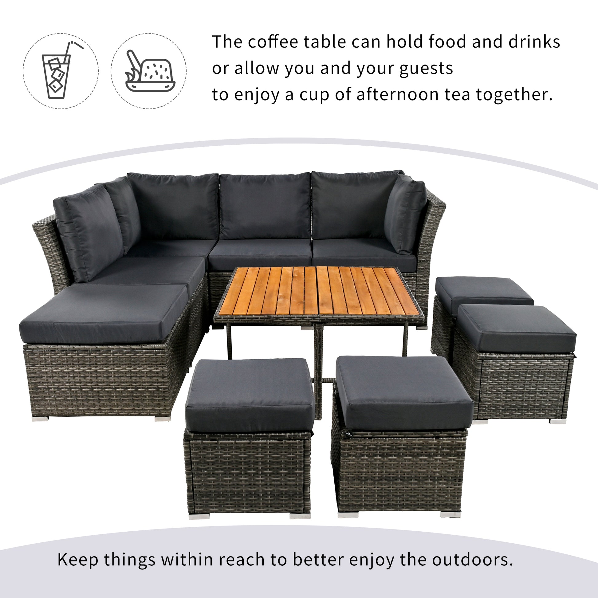 Patio Furniture Set, 10 Piece Outdoor Conversation Set, Coffeetable With Ottomans, Solid Wood Coffee Table Grey Rattan
