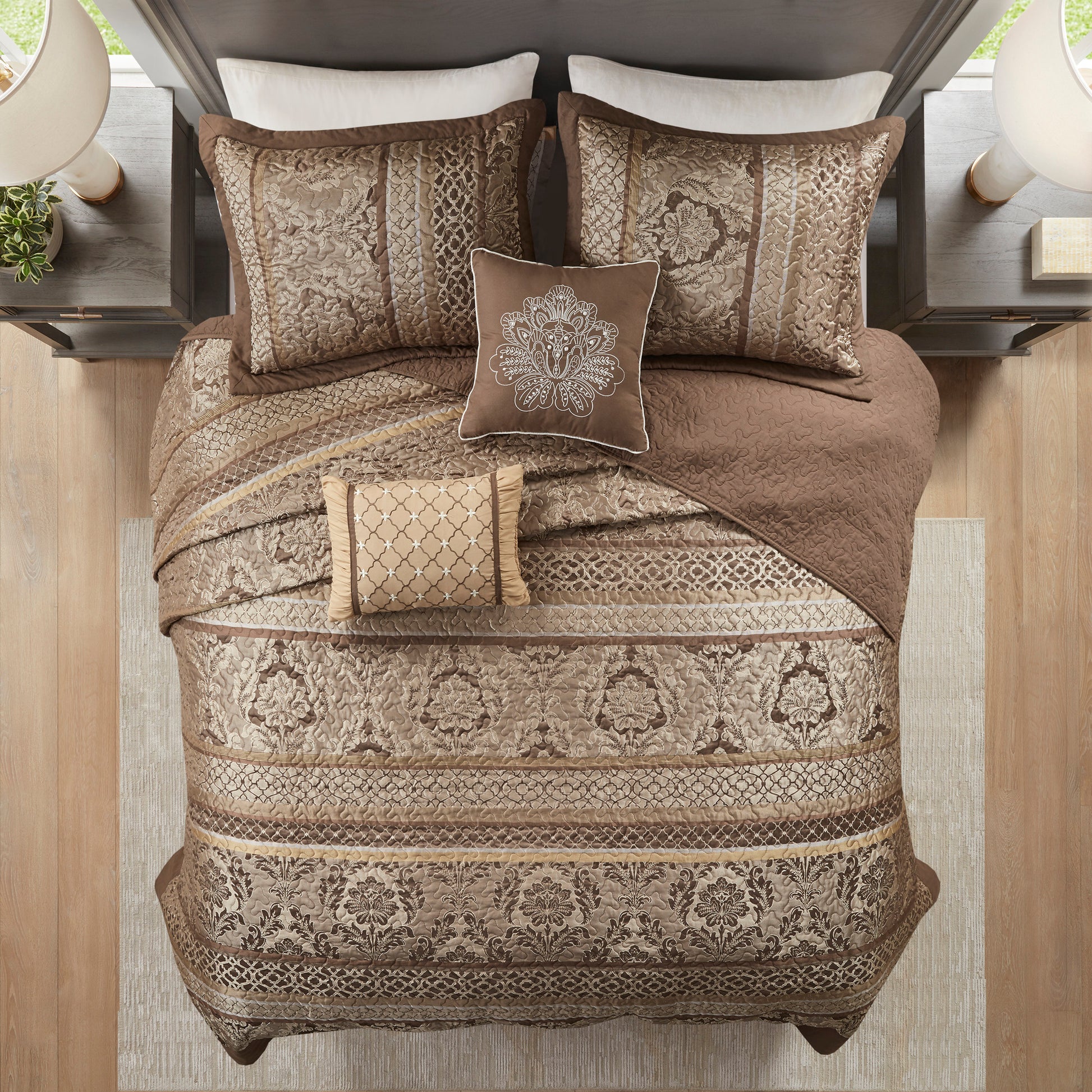 5 Piece Reversible Jacquard Bedspread Set Brown Gold King King Brown Gold Microfiber