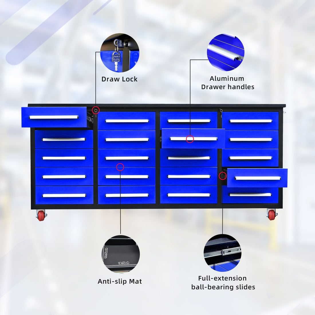 7Ft Garage Storage Cabinets With Workbench 20 Drawers Blue Blue Steel