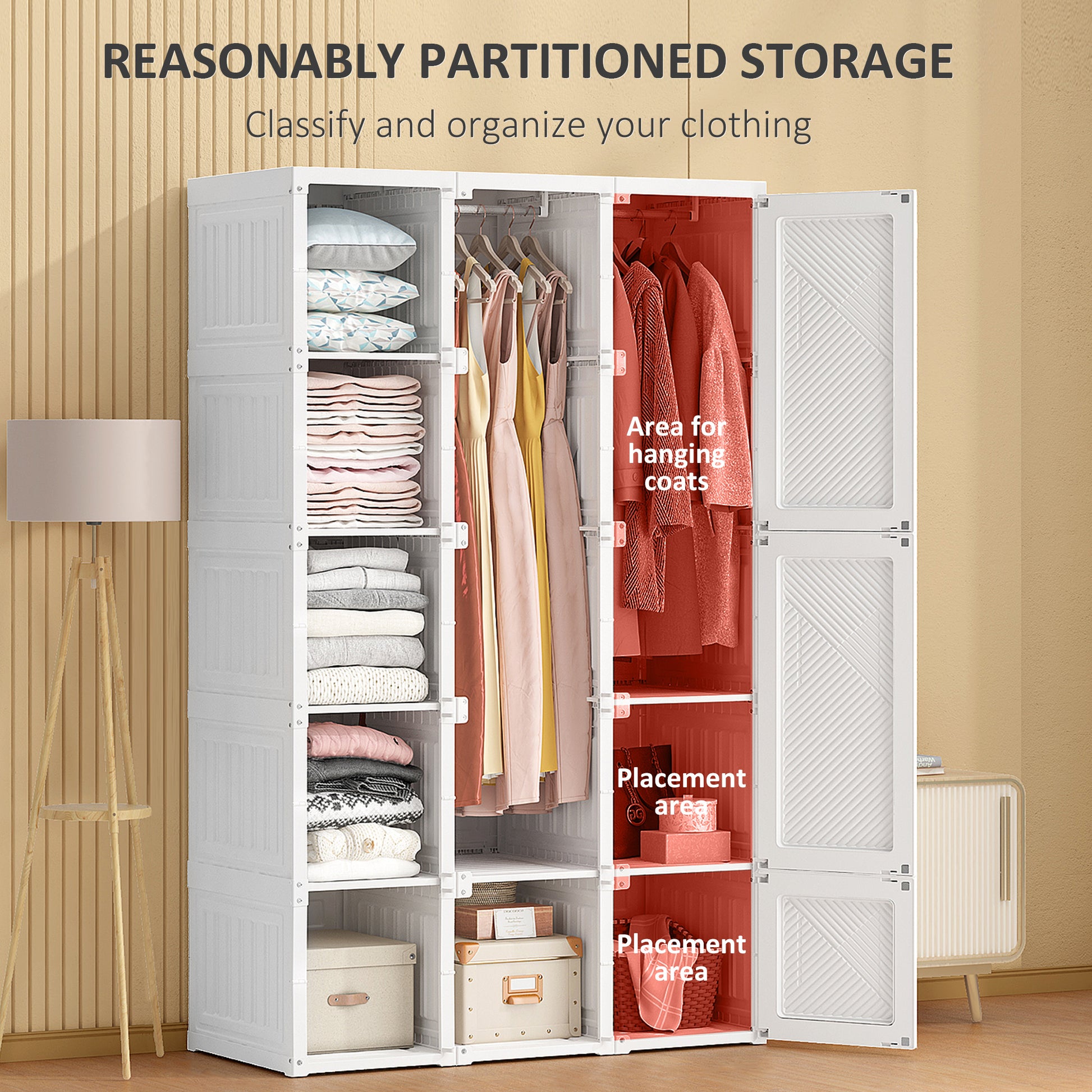 Homcom Portable Wardrobe Closet, Folding Bedroom Armoire, Clothes Storage Organizer With 11 Cube Compartments, Hanging Rod, Magnet Doors, White White Abs