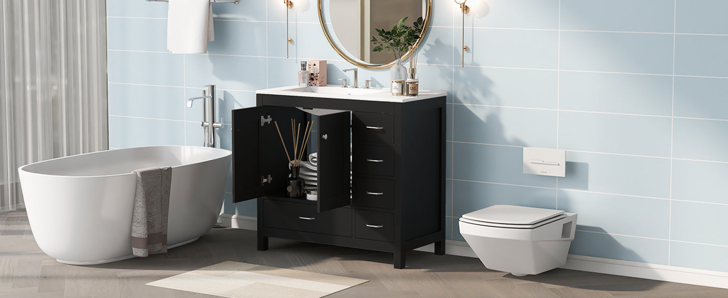 36" Black Bathroom Vanity With Ceramic Sink Combo, Abundant Storage Cabinet 2 Soft Close Doors And 5 Drawers Black Bathroom Solid Wood Mdf