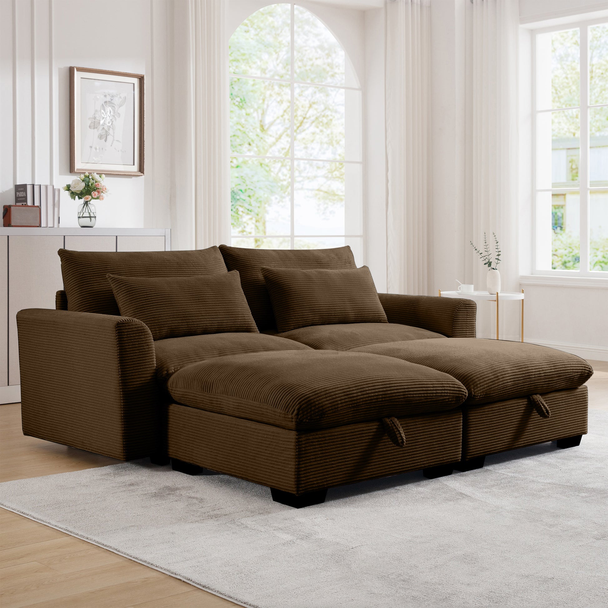 Corduroy Two Seater Sofa With 2 Storage Footrest, 2 Seater Sectional Deep Seat Sofa,Comfy Couches For Living Room ,Brown Sofa Brown Corduroy 2 Seat