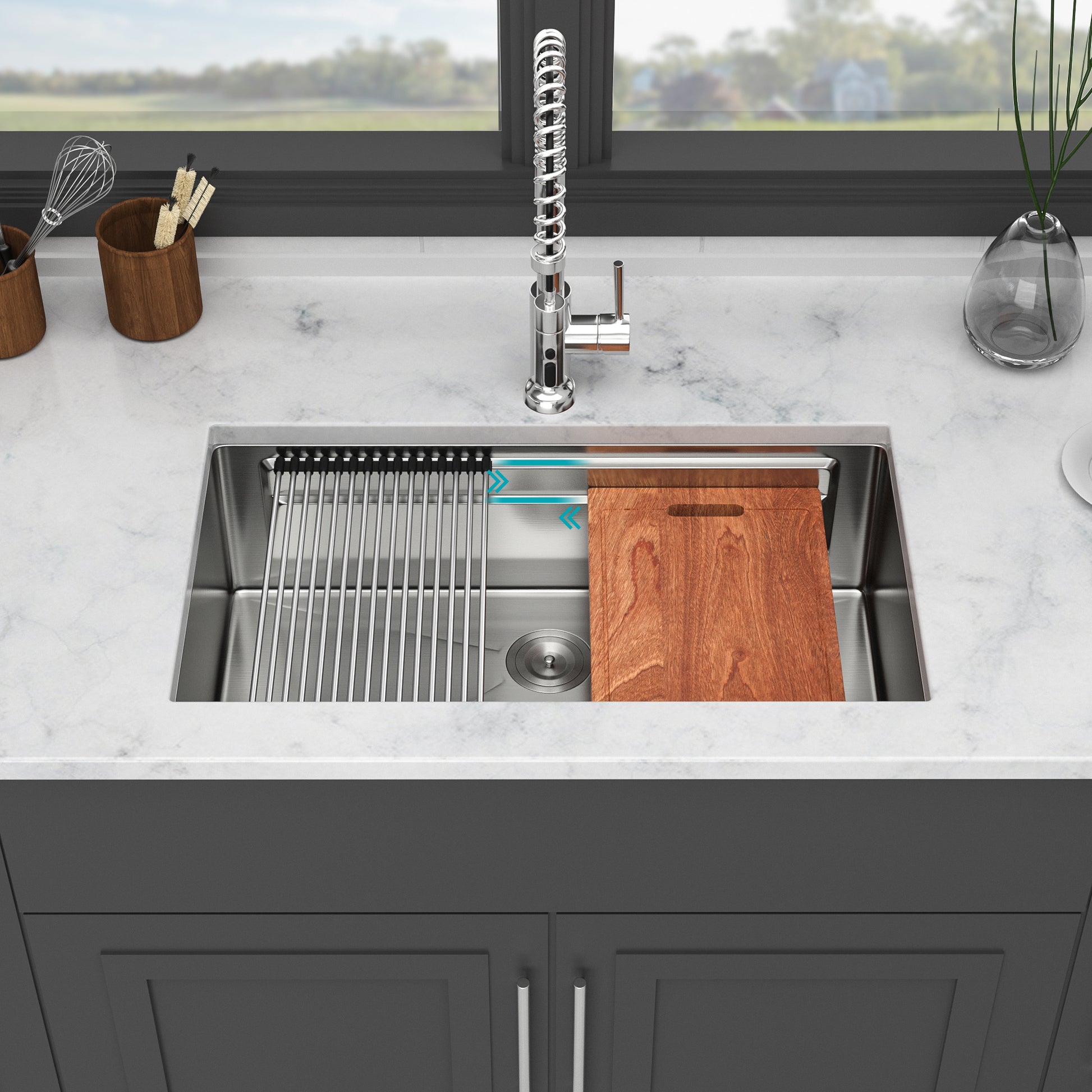 33" Undermount Kitchen Sink 33*19 Inch Single Bowl 16 Gauge Stainless Steel Ledge Workstation Kitchen Sinks Brushed Nickel Stainless Steel
