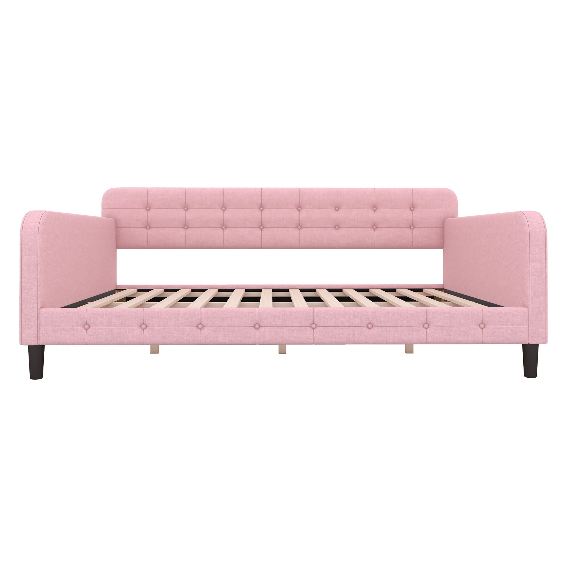 Full Size Upholstered Tufted Daybed With 4 Support Legs, Pink Box Spring Not Required Full Pink Wood Bedroom Daybeds Linen Upholstered