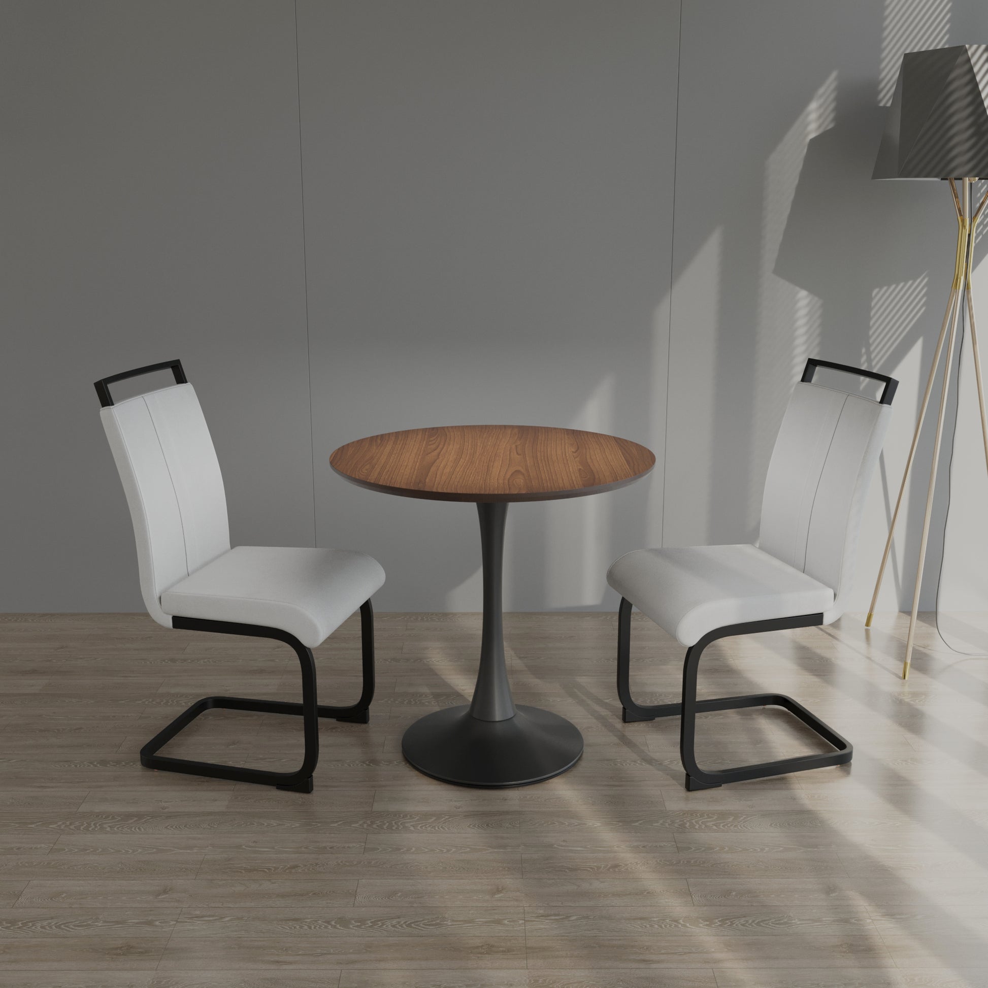 Walnut Circular Dining Table, 31.5 "Tulip Dining Table, Kitchen Dining Table For 2 4 People, Mdf Tabletop And Base, And 2 White Pu Black Metal Leg Dining Chairs Set 2 Walnut Mdf