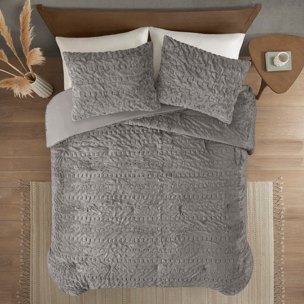 Ruched Fur Down Alternative Comforter Set King Grey Polyester