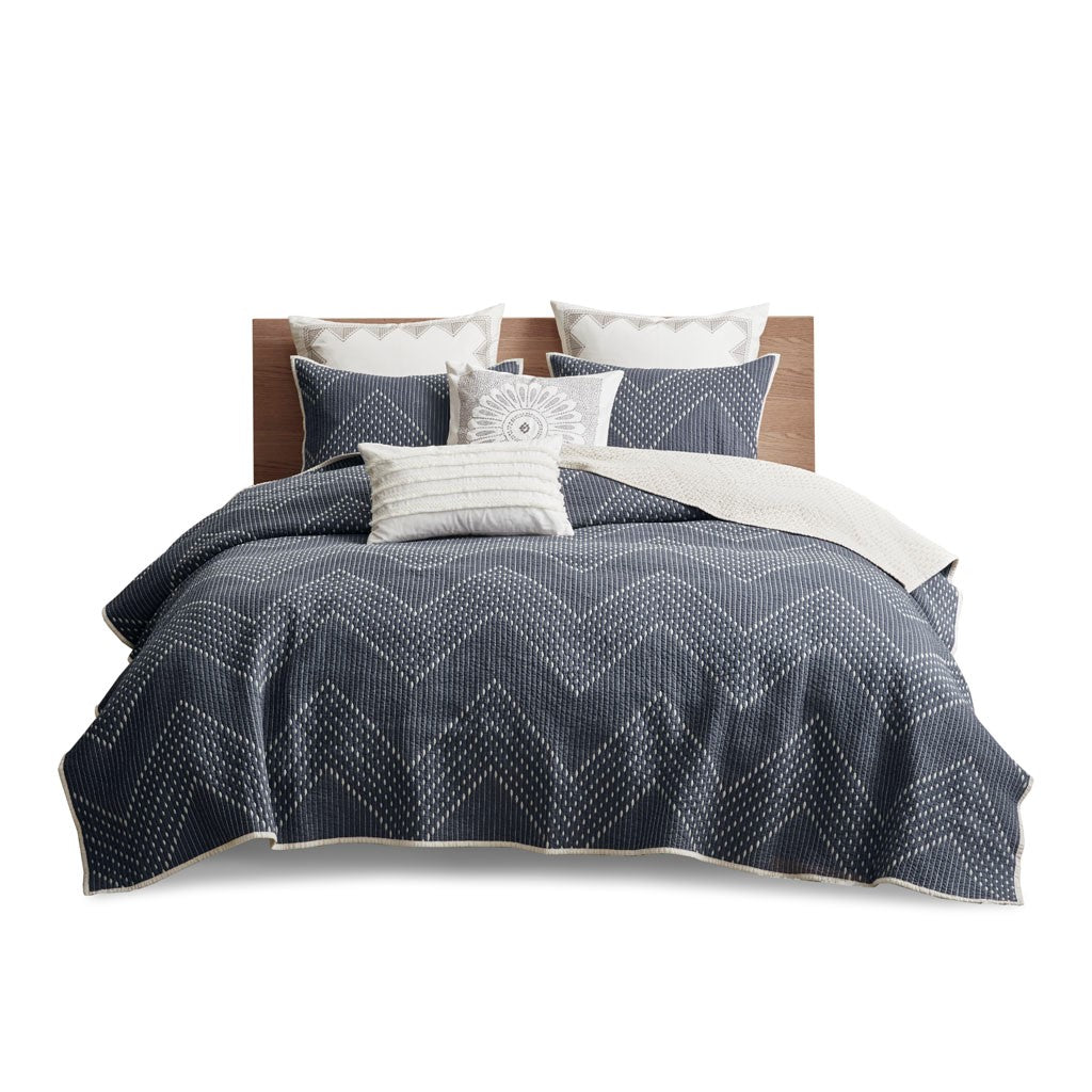 3 Piece Embroidered Cotton Quilt Set Navy King Cal King King Navy Cotton