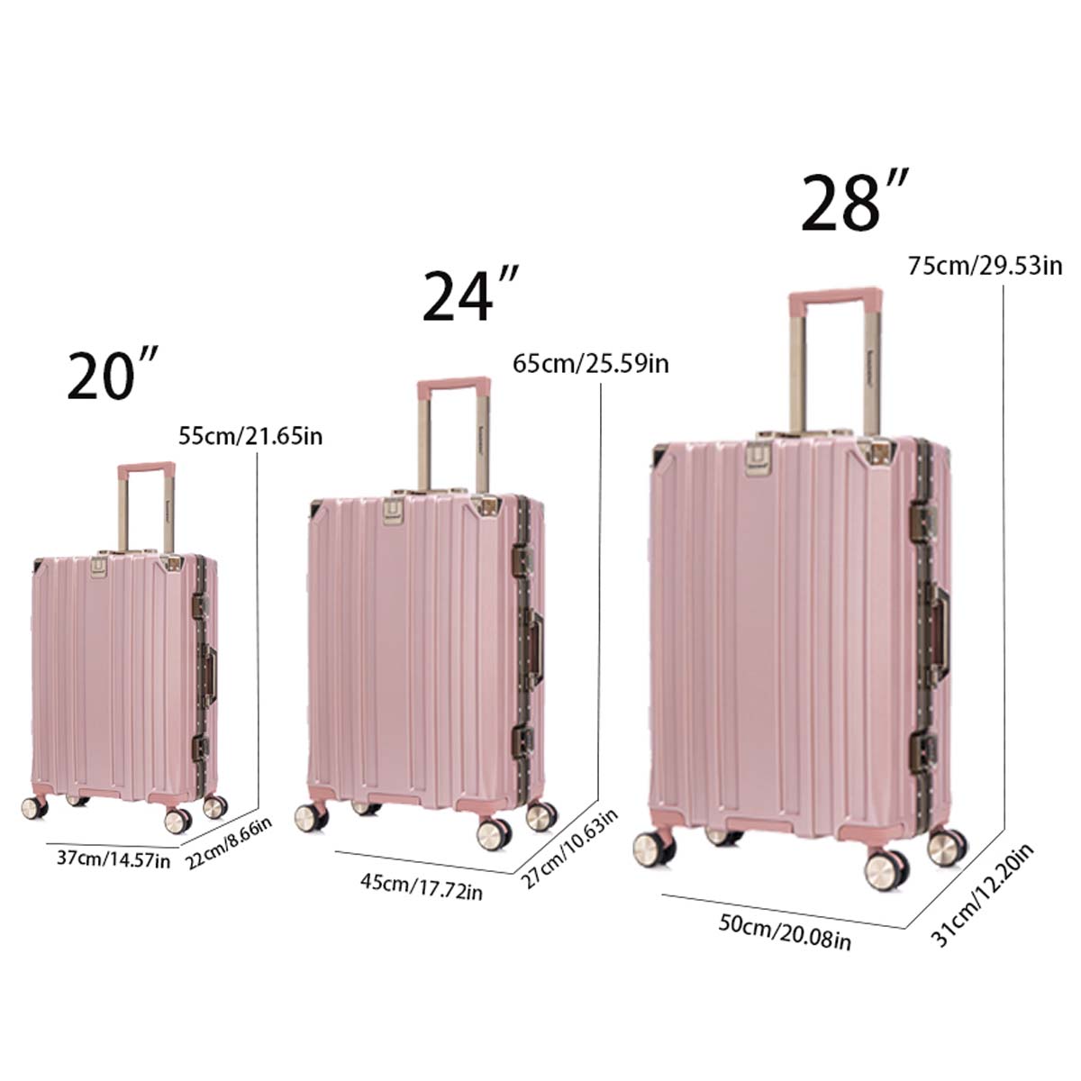 Luggage Sets 20 24 28 Inch Three Model Set, Stylish Suitcase With Aluminum Frame Password Lock, Suitable For Travel Suitcases And Suitcases Rose Gold Contemporary Aluminum,Pc