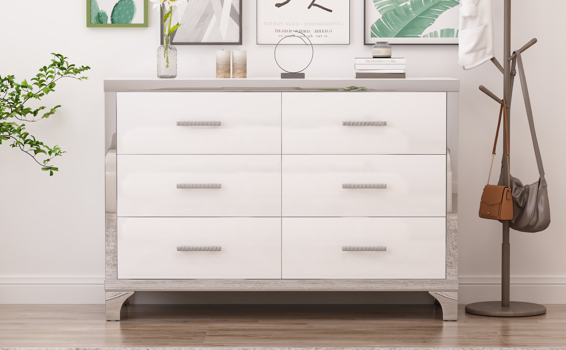 Elegant High Gloss Dresser With Metal Handle,Mirrored Storage Cabinet With 6 Drawers For Bedroom,Living Room,White White Mdf