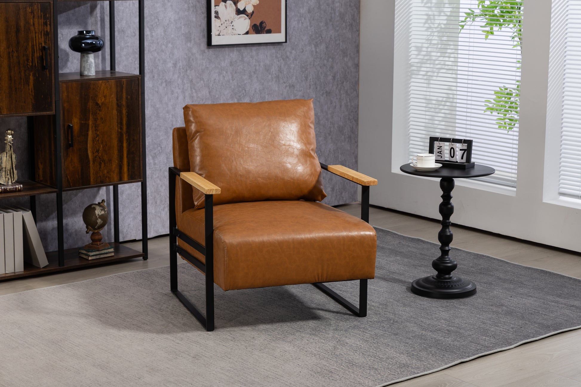 Leather Accent Chair Guest Chair For Living Room, Mid Century Armchair For Bedroom Brown Leather Brown Pu
