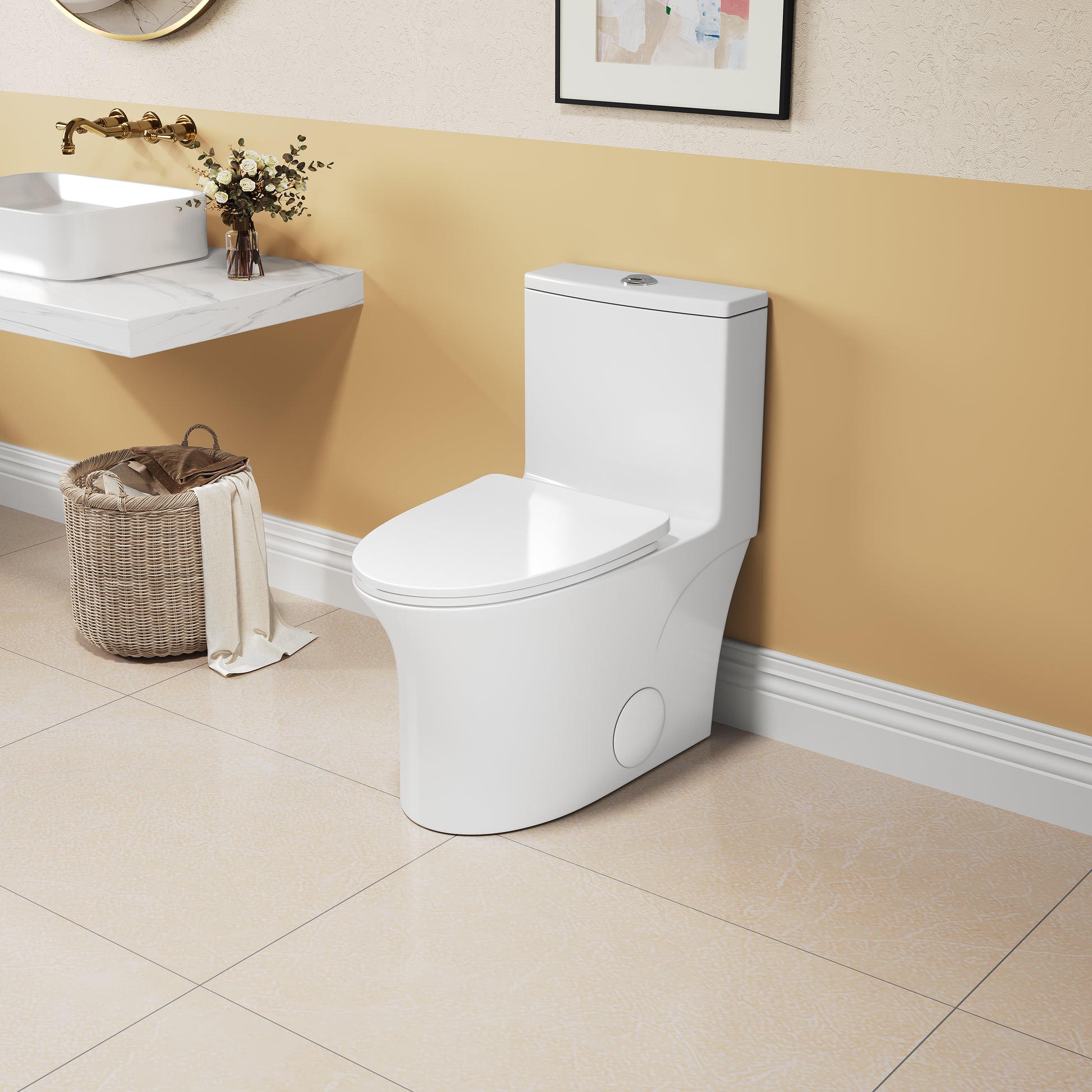 1.1 1.6 Gpf Elongated Comfort Height Floor Mounted One Piece Toilet, Cupc Certified, Watersense Cetified, Ceramic, White Color, Soft Close Seat White Ceramic
