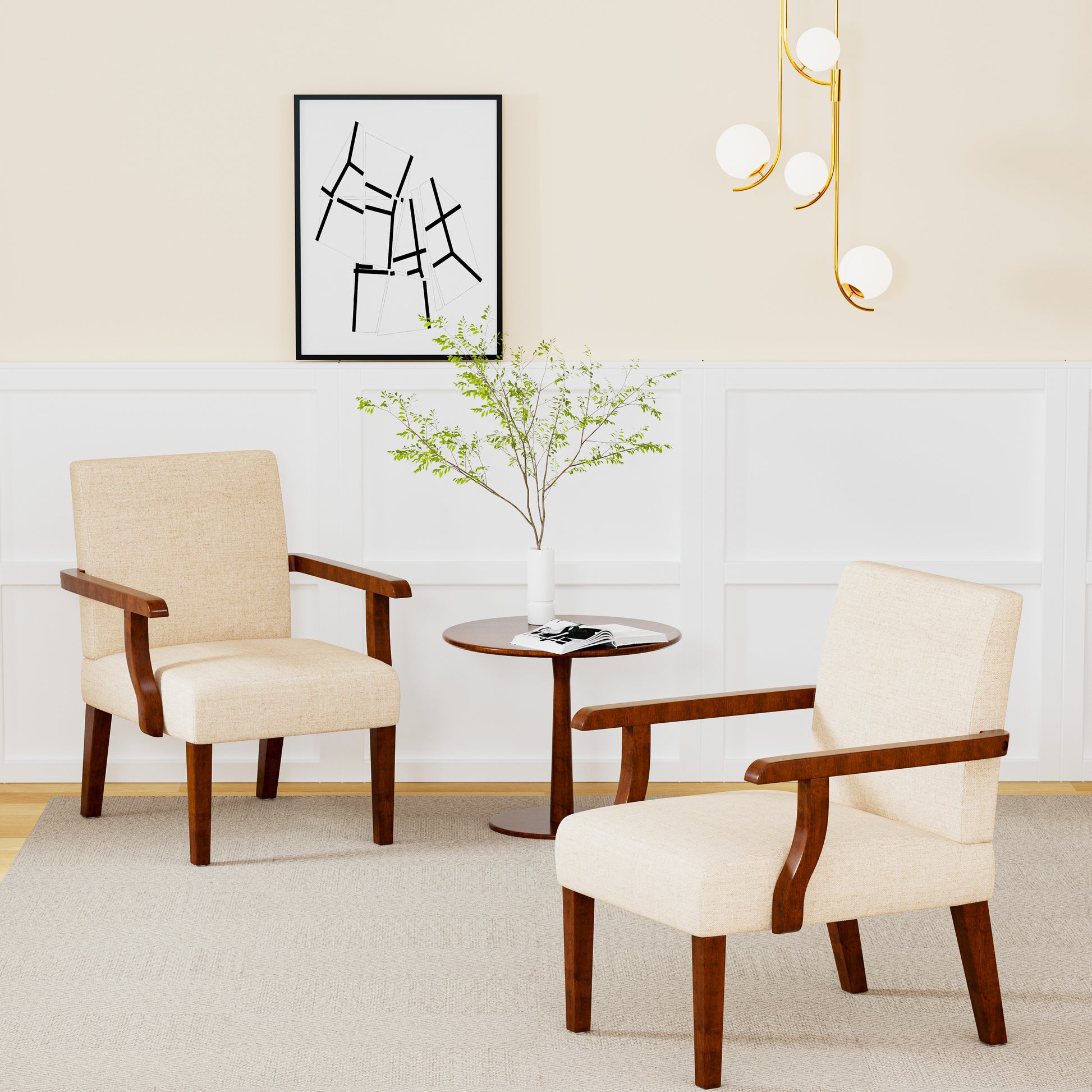 Fabric Accent Arm Chair Set Of 2 With Round Wood Table Beige Fabric